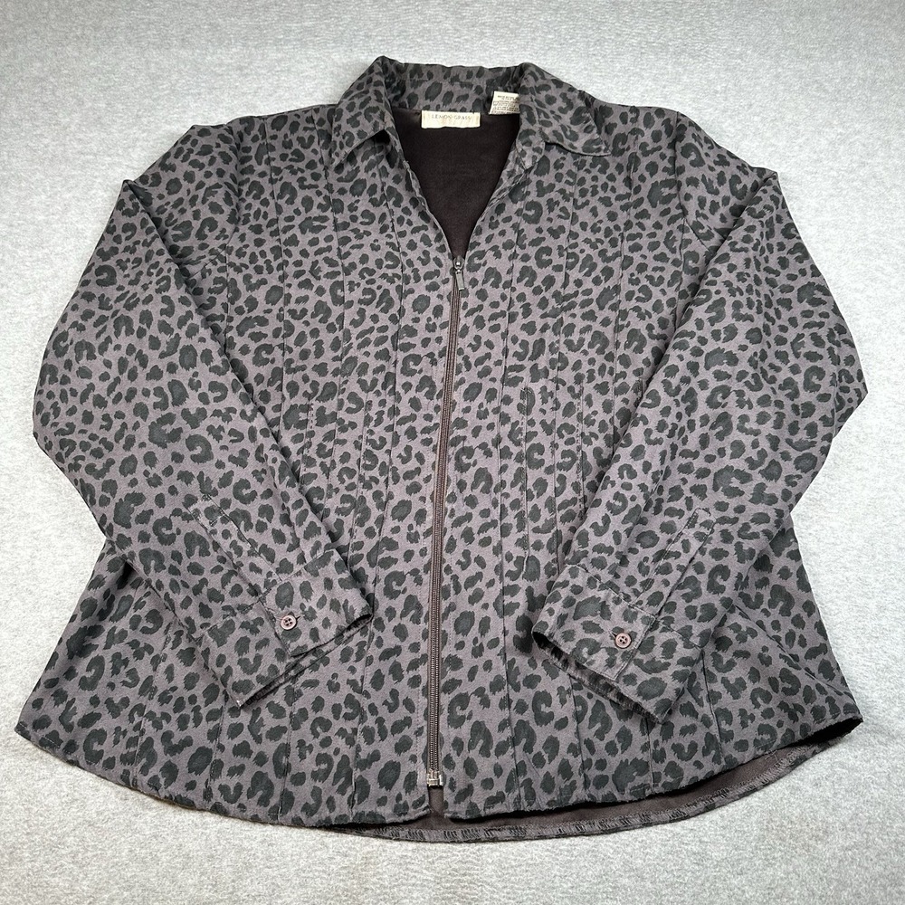 VTG Lemon Grass Grey-Black Leopard Zip Up Jacket Blouse‎ XL Pleated Panels Y2K